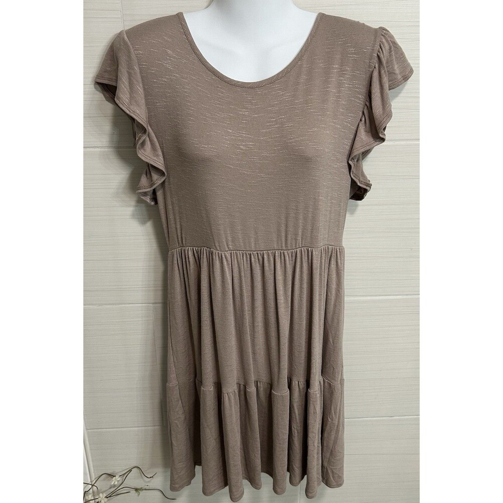 New Olivia Rae Blush Rose Taupe Flutter Sleeve Tiered Knit Stretch Dress L
